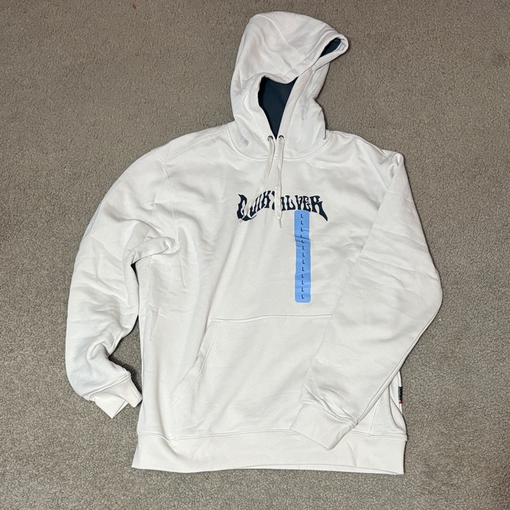 Quicksilver size L White Hooded Pullover Sweatshirt with Black Script Logo